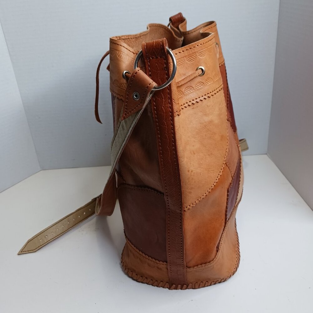 Vintage 80's Leather Patchwork Drawstring Bucket Shoulder Cross Body Bag - Picture 5 of 12